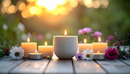 Serene Ethereal Presence with Candles and Flowers at Sunset Glow