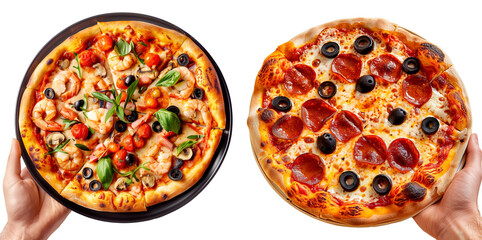 Hand holding Chicago Diavola Style pizza isolated on white transparent background. Concept of fast food and homemade pizza.