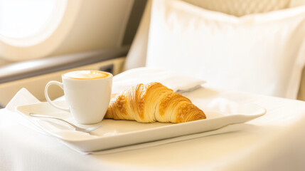 Luxurious breakfast in bed with coffee and pastry. Enjoy fine dining during travel or leisure.