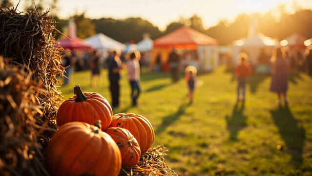 Bustling outdoor autumn festival seasonal market with hay bales and pumpkin
