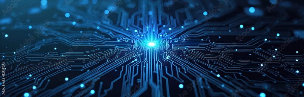 Poster abstract hi-tech digital circuit board. glowing blue lines of data, connection, information flows. t