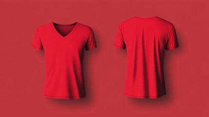Red v-neck t-shirt mockup, front and back views
