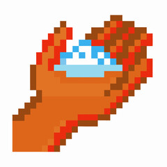 Pixel art hand holding glowing crystal, retro gaming