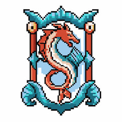 Obraz premium Pixel art dragon emblem with blue and red ornate frame design
