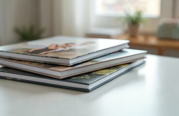 Stack of photo albums on white table. Family memories in photobooks. Beautiful photo prints storage gift. Wedding album or vacation book. Photo book design, pro photographer work. Memory storage.