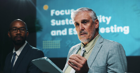 Seminar, businessman and speech with tablet for presentation, sustainability and financial tips....