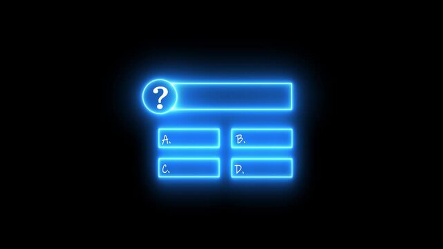 Neon effect Multiple choice question icon animation. MCQ question, Quiz icon animation. question template animation with black background.
