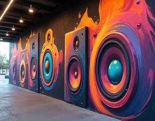 Vibrant street art mural features speaker-inspired design with bold, colourful elements. Wall art with abstract sound waves. Artistic urban background with audio, music, technology, loudspeaker