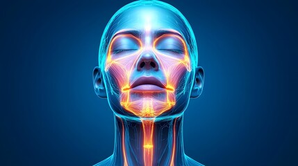 Human Facial Anatomy with Visible Nervous System and Muscle Structure