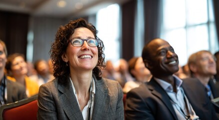 Inspired audience members attending conference, looking up and smiling during presentation.