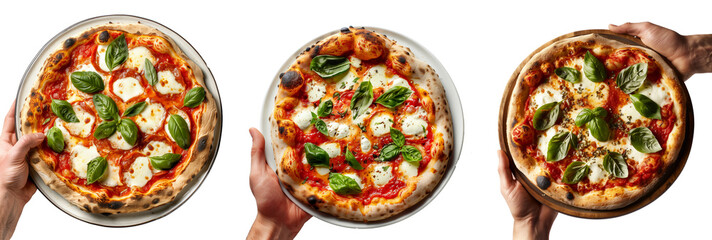 Hand holding Margherita Style pizza isolated on white transparent background. Concept of fast food and homemade pizza.