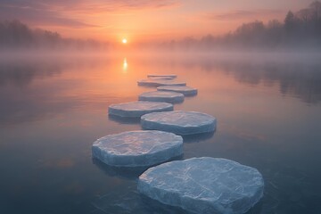 Ice stepping stones leading across a misty lake towards a sunrise with trees in the background