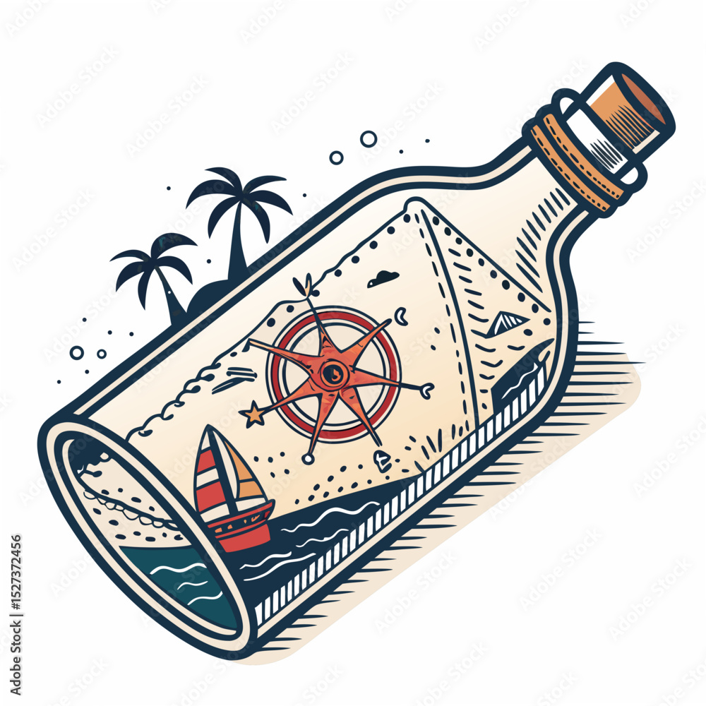 Poster create a bold vector illustration of a treasure bottle, emphasizing thick strokes. include intricate