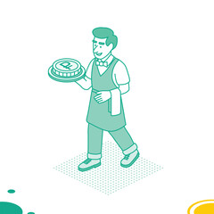 Smiling waiter carrying a tray with a rouble coin. Financial metaphor concept. Artwork in green linear style. Isometric outline style.