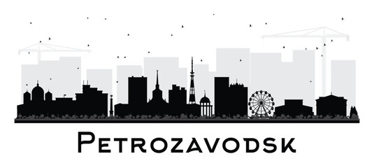 Petrozavodsk Russia city skyline silhouette with black buildings isolated on white. Petrozavodsk cityscape with landmarks. Travel and tourism concept with modern and historic architecture.