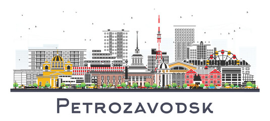 Petrozavodsk Russia city skyline with color buildings isolated on white. Petrozavodsk cityscape with landmarks. Travel and tourism concept with modern and historic architecture.
