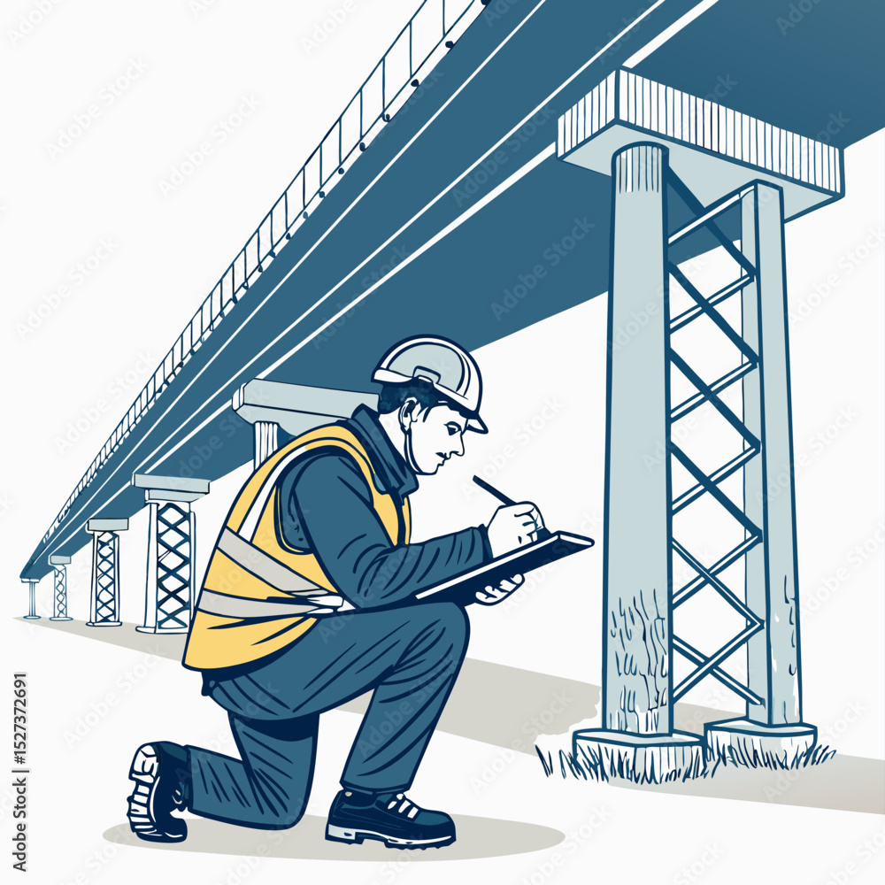 Aufkleber create a bold vector illustration of a bridge inspector, meticulously examining a bridge structure. 