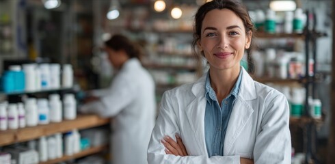 Portrait of a smiling pharmacist in her drugstore, arms crossed.