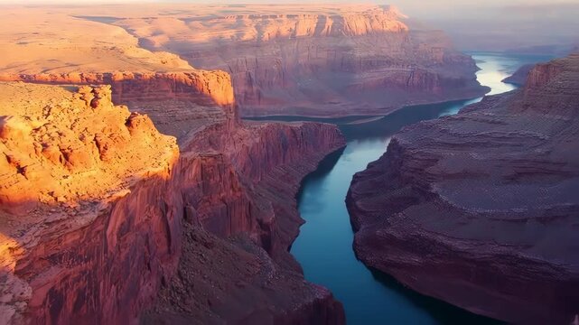 Rugged canyon landscape with red rock layers and glowing sunset river