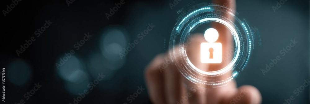 Poster hands engage with digital lock symbolizing online security and privacy management in a modern digita