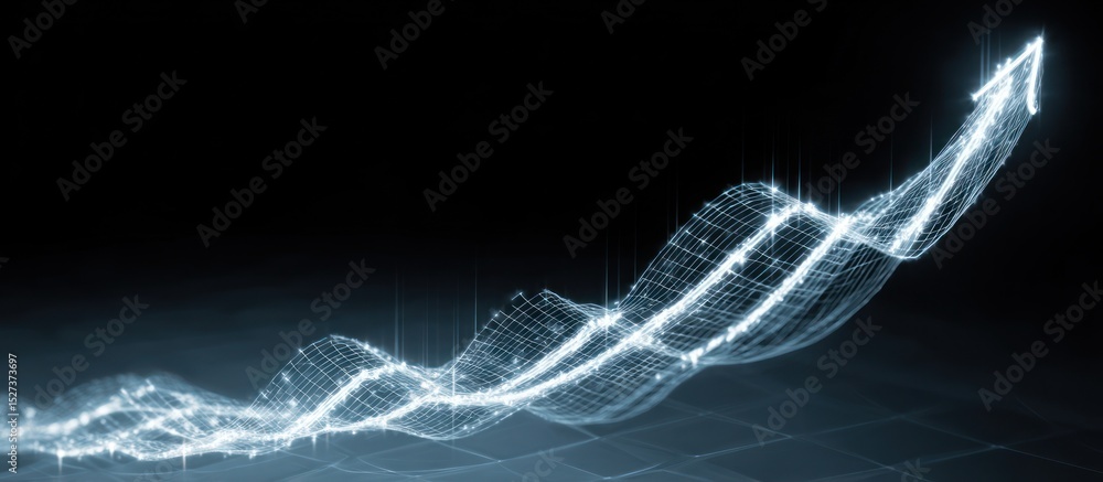 Poster a glowing wireframe arrow pointing upwards against a dark background symbolizing growth and progress
