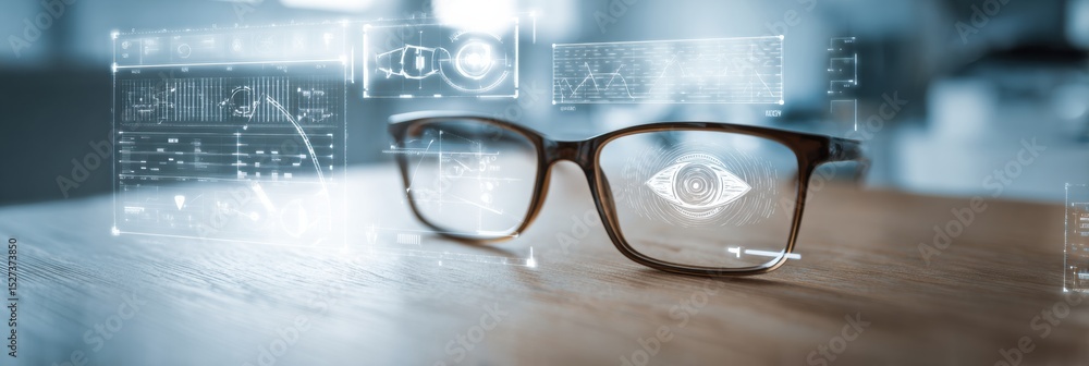 Aufkleber Modern Eyecare Tools and Glasses Highlighted in Professional Optometry Setting With Digital Vision Scans and Soft Lighting Aesthetics