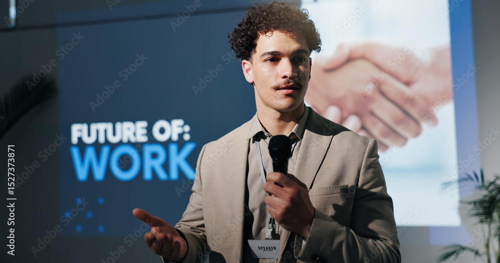Poster business, microphone and speech with man in auditorium for presentation on future of work. seminar, 