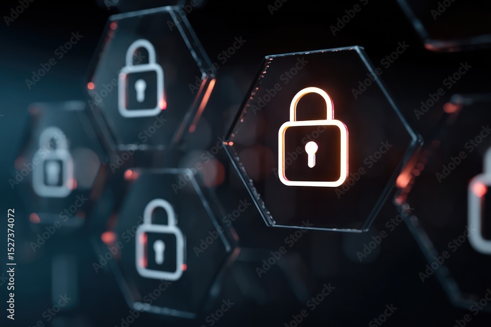 Poster cybersecurity concept with lock symbols securing data and protecting against cyber threats.