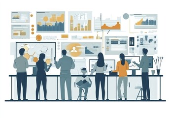 People facing screens displaying colorful data charts