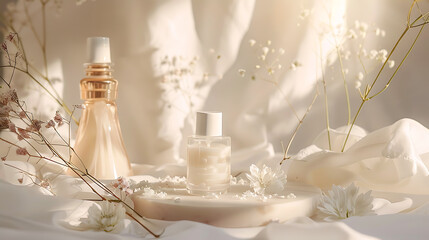 Elegant perfume bottles are displayed on a white podium with delicate white flowers and babys breath creating a luxurious and minimalist beauty product presentation