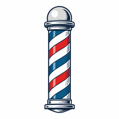 Create a bold, vector illustration of a classic barber pole with strong, distinct red, white, and blue stripes.  Include a subtle spiral effect.
