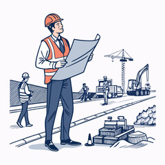Create a bold vector illustration of a civil engineer holding blueprints, emphasizing strong lines and a powerful pose.