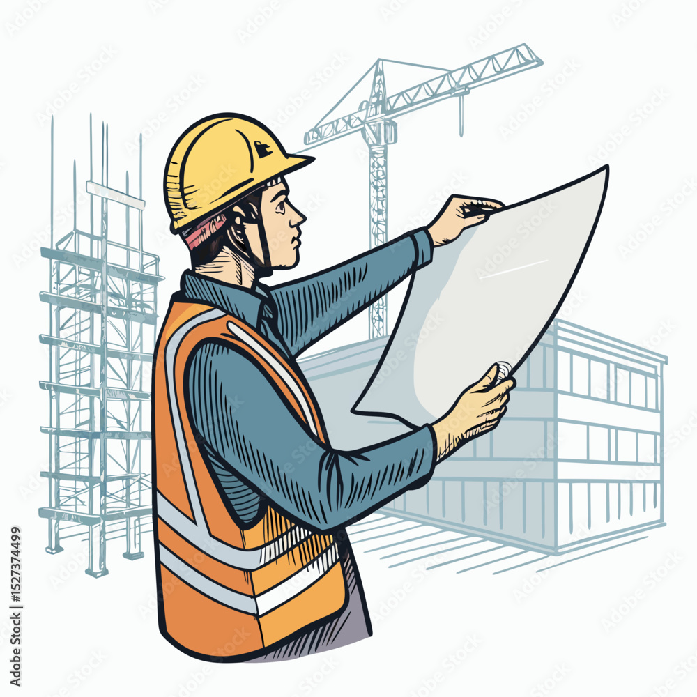 Poster create a bold, vector illustration of a construction worker, emphasizing strong lines and impactful 