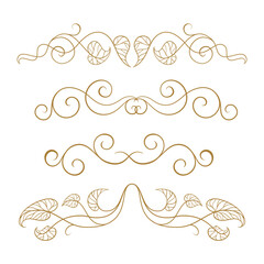 Hand-drawn leafy swirl elements. Graceful botanical curls for retro design and wedding stationery.