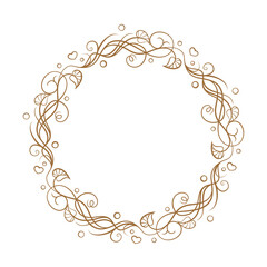 Intricate botanical wreath with layered leaves and curls. Decorative round frame for organic product packaging. Vector format.