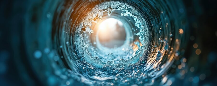 Dynamic water flow inside pipe. Fluid motion creates splash, ripple effect. Blue color, liquid texture, crystal clean water. Abstract background, concept cleaning.