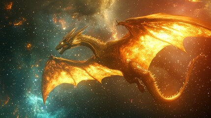 Fiery dragon soaring through cosmos