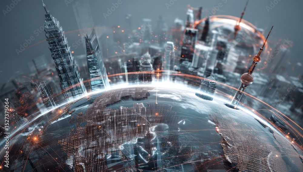 Poster digital landscape depicting global financial trends with real-time data and advanced visualizations.