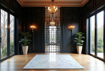 An opulent and dramatic entryway featuring black paneled walls, a grand crystal chandelier, a polished marble floor slab, and elegant symmetrical design.
