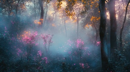 Fototapeta premium Misty forest glowing with vibrant pink flowers