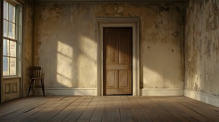 Empty Room with Sunlight Casting Shadows on Textured Walls