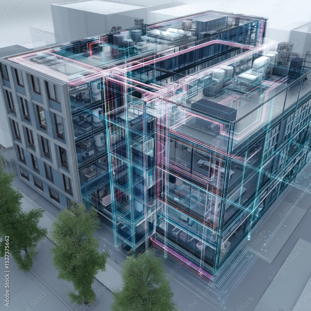 Poster advanced ai visualization of bim model utilities for a modern building, offering detailed insights.
