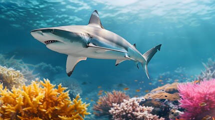 Fototapeta premium Shark Swimming Underwater in Vibrant Coral Reef Environment
