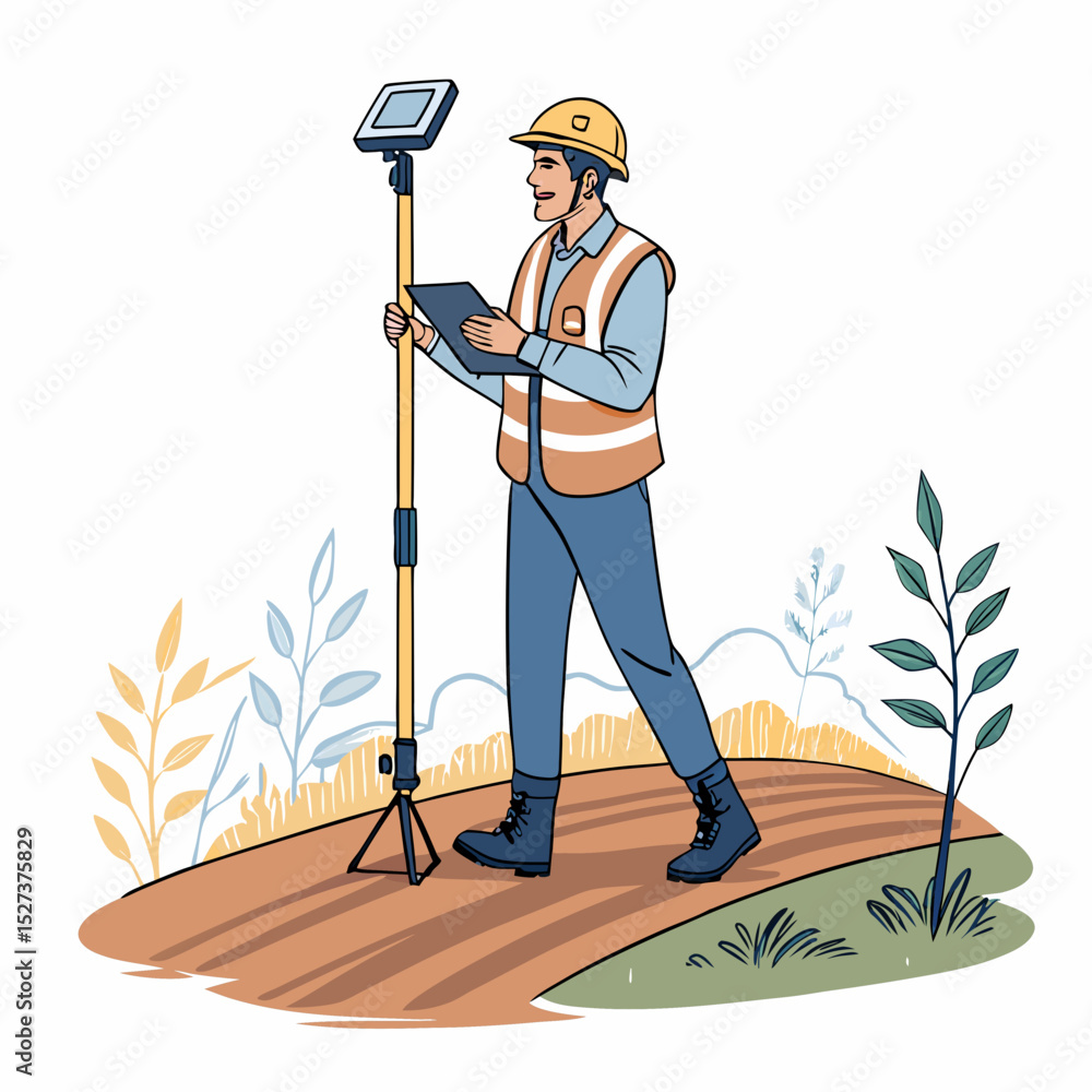Poster create a bold vector illustration of a field worker conducting a survey, emphasizing strong lines an