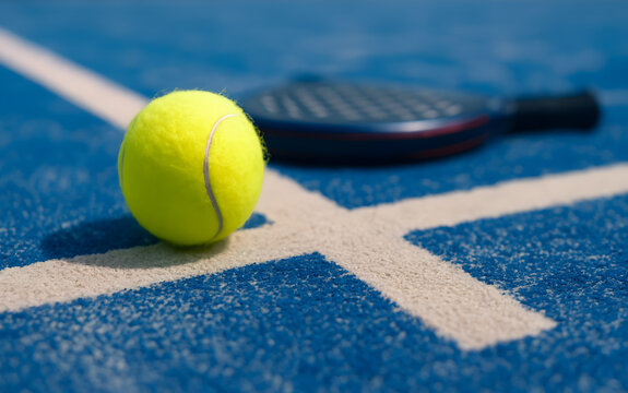 Padel Court Close-Up: Yellow Ball and Racket on Blue Turf - Powered by Adobe