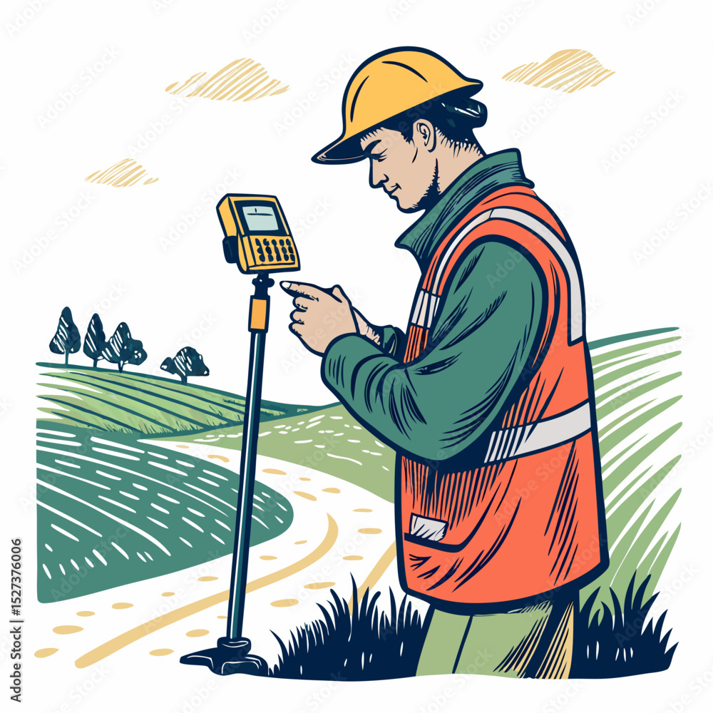 Poster create a bold vector illustration of a field worker conducting a survey, emphasizing strong lines an