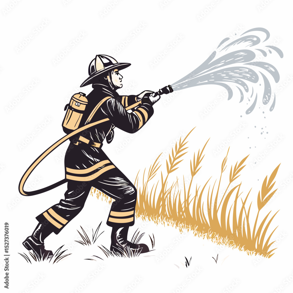 Poster create a bold vector illustration of a firefighter actively spraying water from a hose, emphasizing 