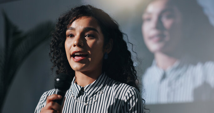 Stage, presenter and woman with mic, discussion and smile for public speaking in seminar or talking. Confident, motivational speaker and person with advice for entrepreneurship, speech and meeting