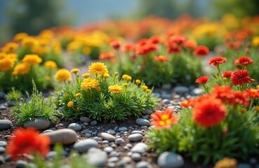 Obraz premium Vibrant flowers with green foliage, set against pebble background. Yellow, red blossoms flourish in natural outdoor setting, showcasing botanical beauty. Ideal for eco, sustainable gardening designs.