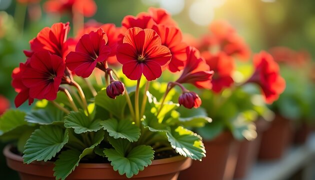 Red Flowers Blooming in Pots Outdoors with Sunlight